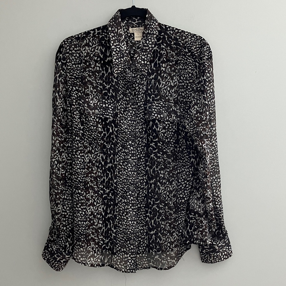 Lucky Brand Sheer Blouse 100% Silk Animal Print Top Long Sleeve Womens L
